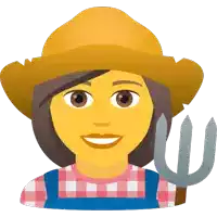 a woman wearing a straw hat and overalls holds a pitchfork