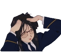 a girl with glasses and a blue uniform is touching her head