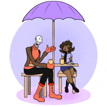 a cartoon of a skeleton and a girl under an umbrella