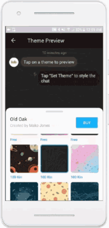 a phone screen shows a preview of a theme named old oak