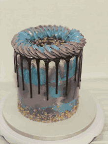 a cake with blue and purple frosting and chocolate drip