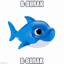 a blue toy shark with the words b-burak on the bottom