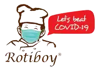 a logo for rotiboy with a chef wearing a mask and saying let 's beat covid-19