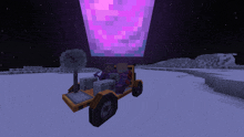 a purple hot air balloon is being lifted by a vehicle in a video game