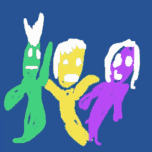 a drawing of a green fish a yellow man and a purple woman on a blue background