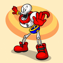 a cartoon drawing of a skeleton with red boots