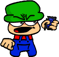 a cartoon character wearing a green hat and blue overalls is holding a remote control .