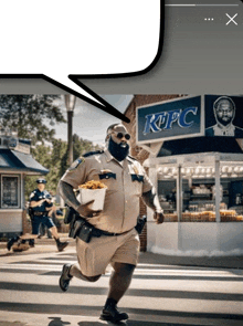 a police officer running with a bucket of fried chicken in front of a kfc stand