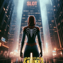 a woman in a spiderman costume is standing in front of a building that says slot