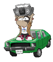 a cartoon of a raccoon holding a boombox on top of a green car with the license plate gpa 001