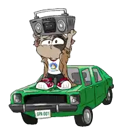 a cartoon of a raccoon holding a boombox on top of a green car with the license plate gpa 001