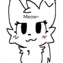 a black and white drawing of a cat with the words `` meow '' on it .