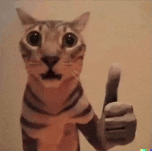 a cat is giving a thumbs up sign while standing on its hind legs .