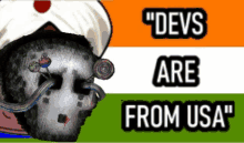 a drawing of a man wearing a turban with the words " devs are from usa " below him