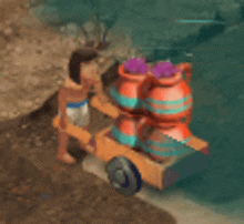 a cartoon character is pushing a cart with a bunch of containers on it .