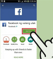 a person is pointing at the install button on the facebook app on their phone .