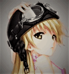 a blonde anime girl wearing a helmet and goggles looks down