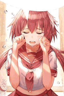 a girl with red hair is crying while wearing a school uniform and tie .