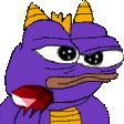 a purple frog with horns and a crown on its head is holding a red heart in its mouth .