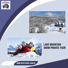 a flyer for lake mountain snow private tour