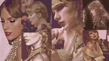 a collage of taylor swift 's portraits with a purple background