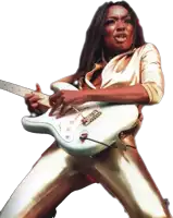 a woman with dreadlocks is playing a white guitar