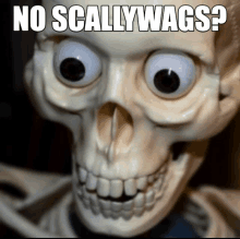 a close up of a skeleton with googly eyes and the words no scallywags