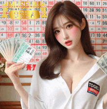 a woman wearing a shirt that says ' togel ' on it is holding a bunch of money