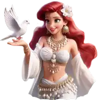 a princess with red hair is holding a white bird in her hand