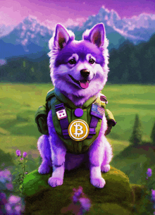 a purple dog wearing a green vest with the letter b on the front