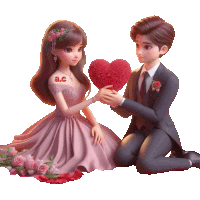 a boy is kneeling down to give a girl a red heart with the letters ac on it