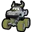 a cartoon monster truck with horns and wheels .