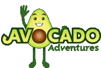 a logo for avocado adventures with a cartoon avocado