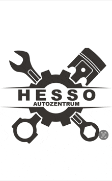 a black and white logo for hesso autozentrum with gears and pistons