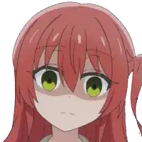 a close up of a red haired anime girl 's face with green eyes