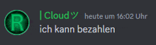 a green circle with the letter r in it and the words cloudy heute um 16:02 uhr ich kann bezahlen