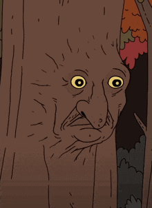 a cartoon drawing of a tree with a face and yellow eyes