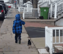 a boy in a blue jacket is walking a dog down a sidewalk in front of a sign that says 30