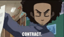 a cartoon character with an angry face is holding a piece of paper and says `` contract '' .