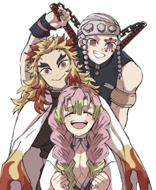 three anime characters are posing for a picture and one of them is holding a sword