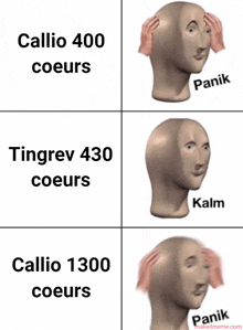 a meme shows a man holding his head with the words callio 400 coeurs on it