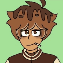 a cartoon of a boy with a cigarette in his mouth and chocolate on his hair .