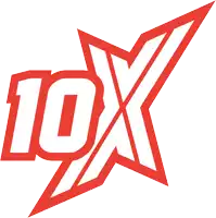 a red and white logo with the number 10x