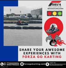 an advertisement for forza go karting shows a person riding a go kart