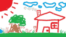 a child 's drawing of a house and trees