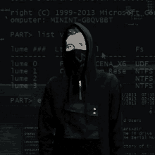 a man in a black hoodie is standing in front of a computer screen that says right