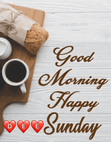 a good morning happy sunday greeting card with a cup of coffee