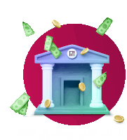 a cartoon illustration of a bank with coins and bills flying around it