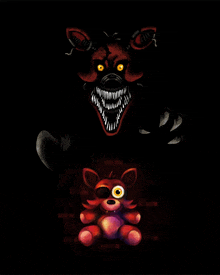 a drawing of a fox with a teddy bear in front of it in the dark