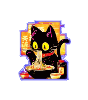 a black cat with yellow eyes is eating noodles from a bowl with chopsticks